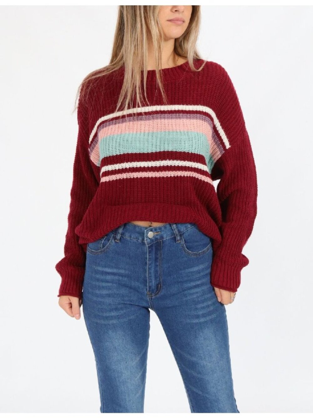 American Eagle Outfitters Pullover Sweater Medium Striped Maroon Multi Relaxed